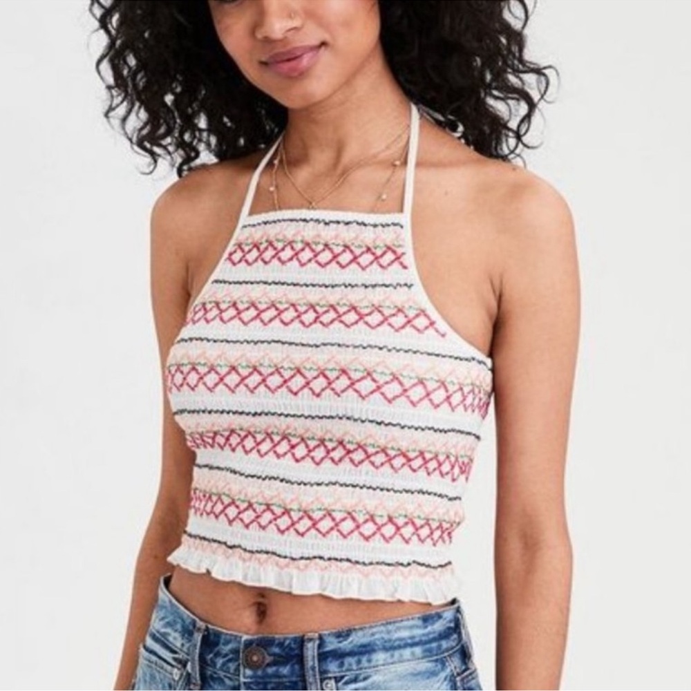 American Eagle NWT Dark Pink Smocked Halter Top Size Small - Picture 7 of 7
